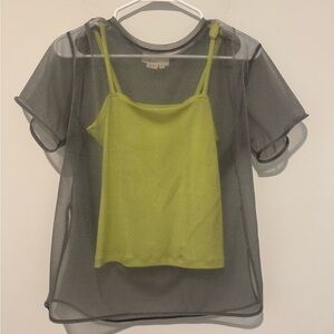 Anthropologie Sheer Gray and Lime Camisole Top